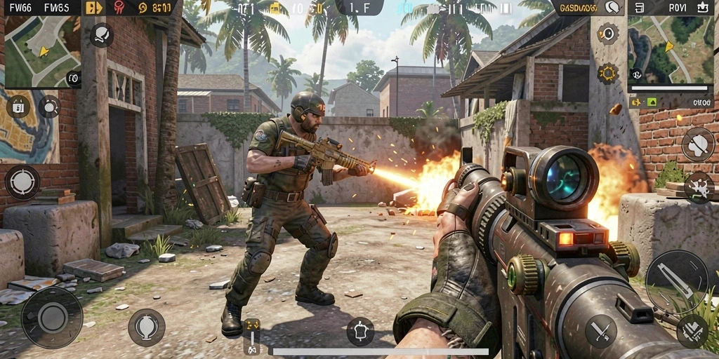 Gameplay FW66 menampilkan aksi tembak-menembak yang seru dan mendebarkan.