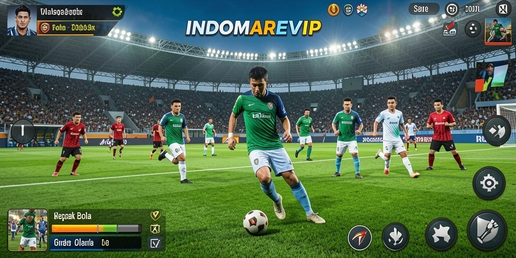 Tangkapan layar gameplay INDOMAREVIP yang menunjukkan aksi sepak bola yang mendebarkan.