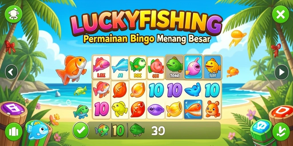 Tampilan gameplay LUCKYFISHING yang seru dengan angka Bingo.