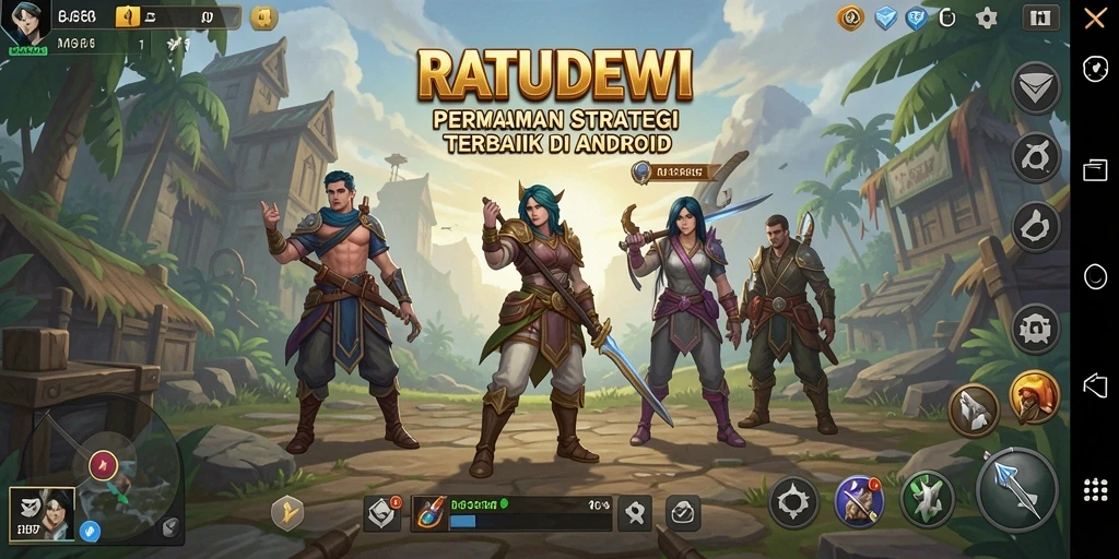 Tampilan gameplay menarik di RATUDEWI menunjukkan pertempuran dan pembangunan kerajaan.