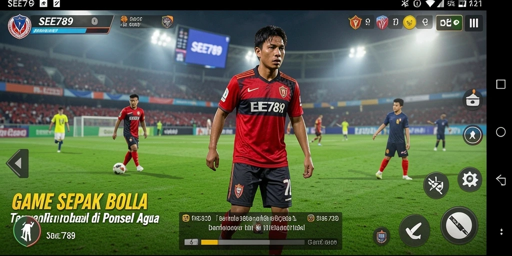 Screenshot gameplay utama dari SEE789 yang menunjukkan aksi sepak bola yang mendebarkan.