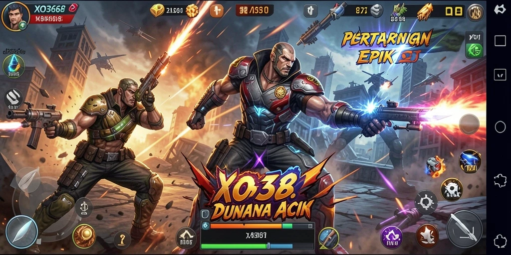 Screenshot utama XO368 menunjukkan pertempuran seru di arena aksi.