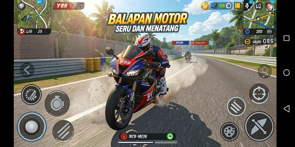 Tampilan utama screenshot YYRR dengan aksi balapan motor yang seru.